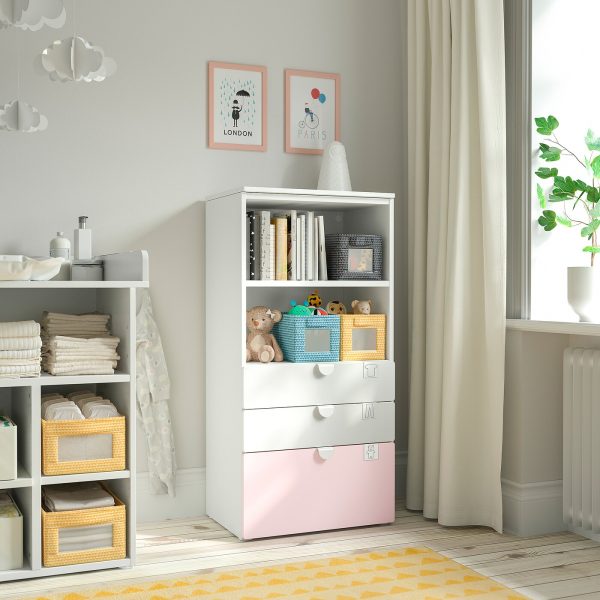 Bookcase, White Pale Pink/With 3 Drawers  |  Children’s Storage & Organisation Baby Products Children's Storage & Organisation